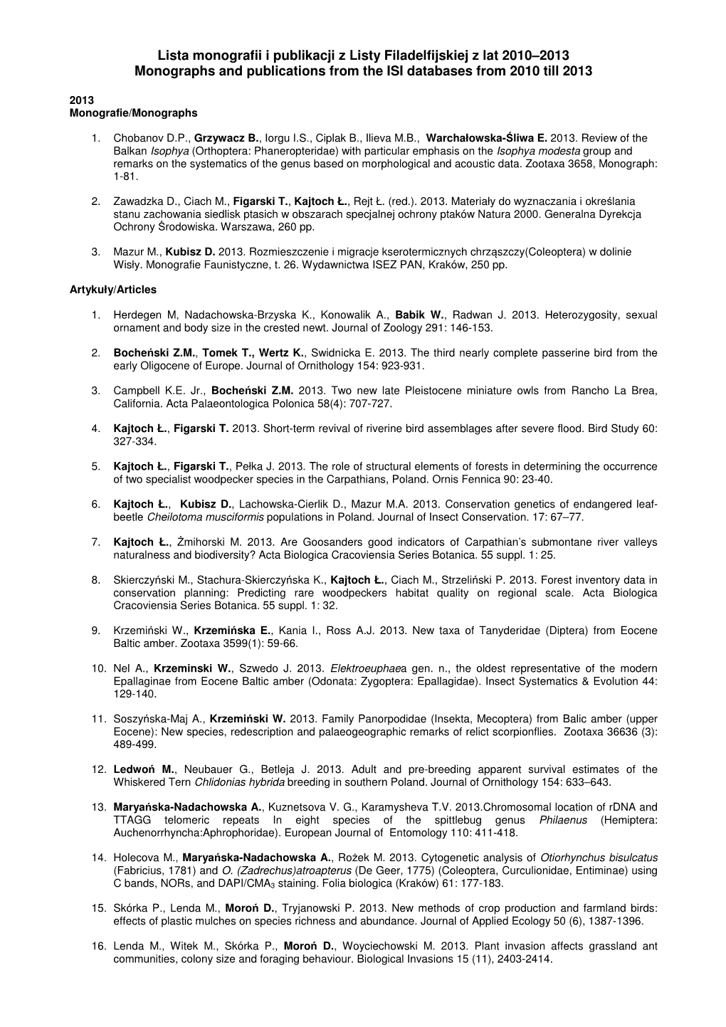 Lista Monografii I Publikacji Z Listy Filadelfijskiej Z Lat 2010–2013 Monographs and Publications from the ISI Databases from 2010 Till 2013