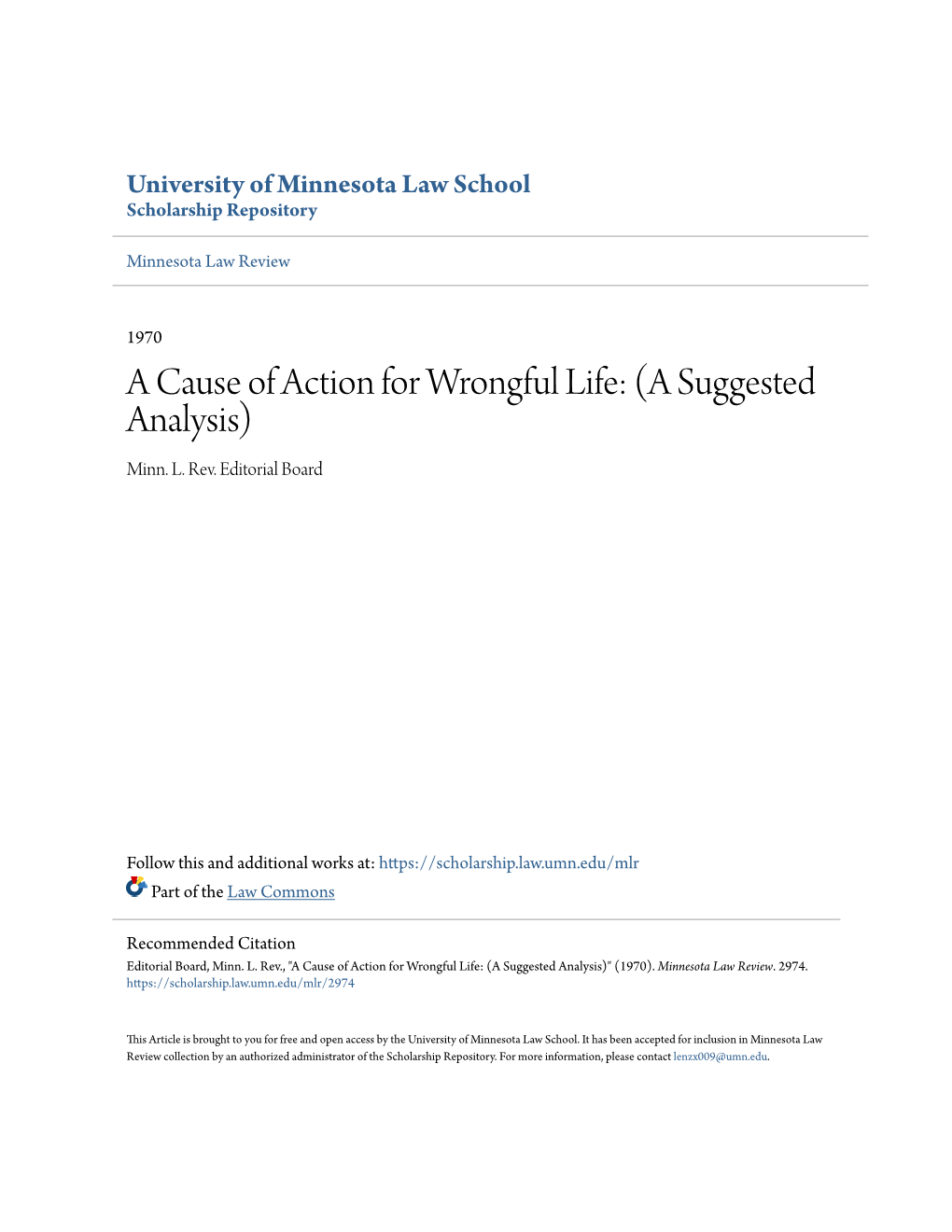 A Cause of Action for Wrongful Life: (A Suggested Analysis) Minn