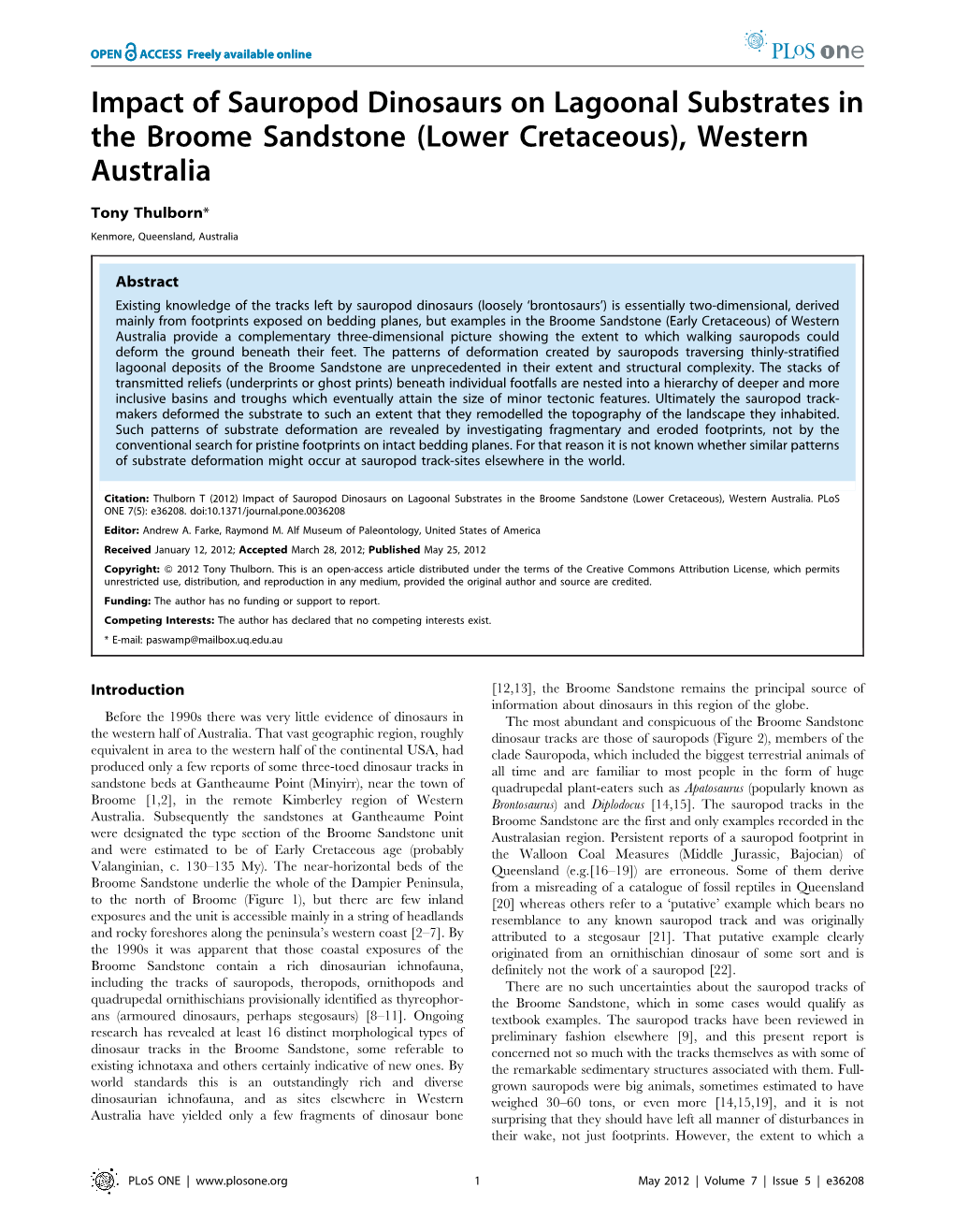 Impact of Sauropod Dinosaurs on Lagoonal Substrates in the Broome Sandstone (Lower Cretaceous), Western Australia