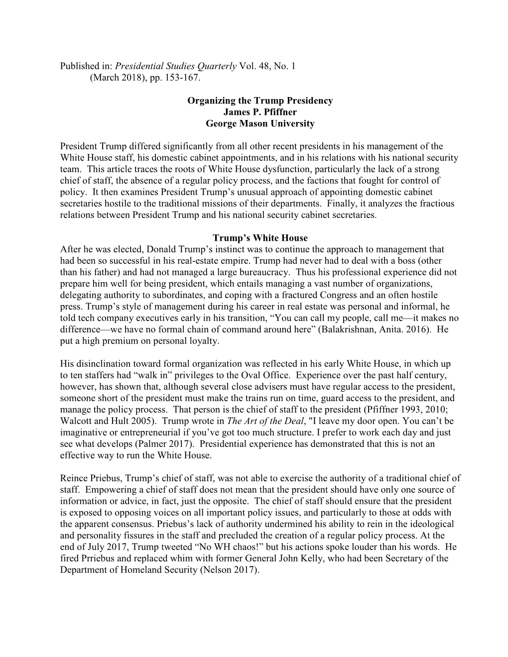 Pp. 153-167. Organizing the Trump Presidency James P