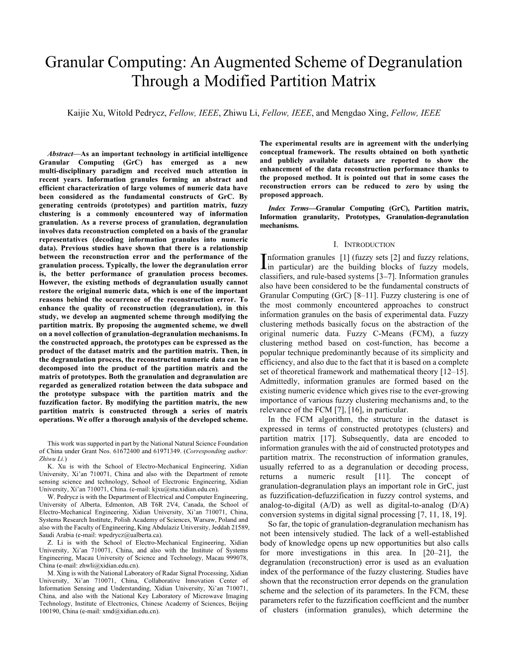 Granular Computing: an Augmented Scheme of Degranulation Through a Modified Partition Matrix