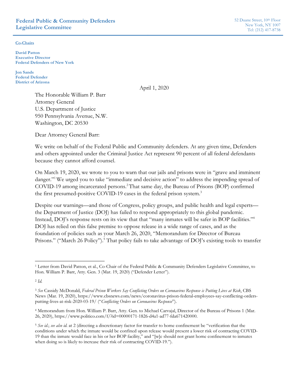 Federal Public & Community Defenders Letter to AG Barr Re