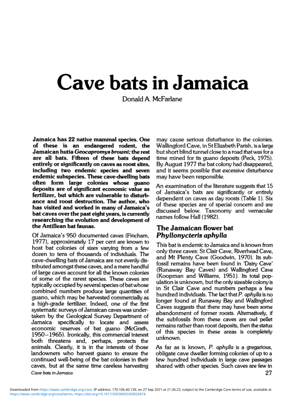 Cave Bats in Jamaica Donald A