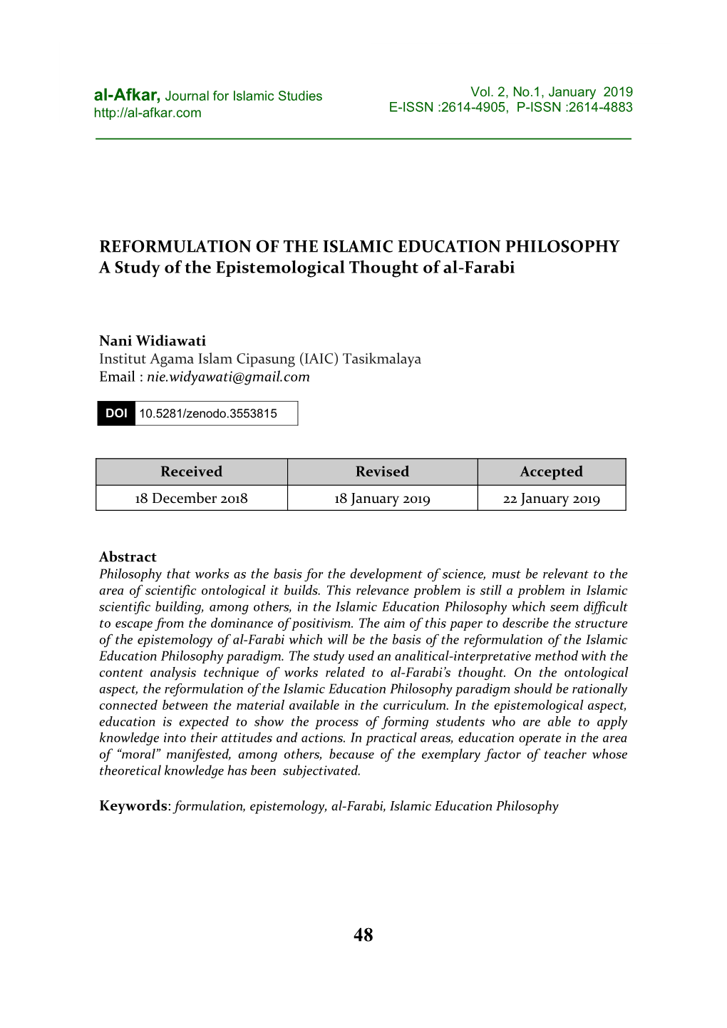 REFORMULATION of the ISLAMIC EDUCATION PHILOSOPHY a Study of the Epistemological Thought of Al-Farabi