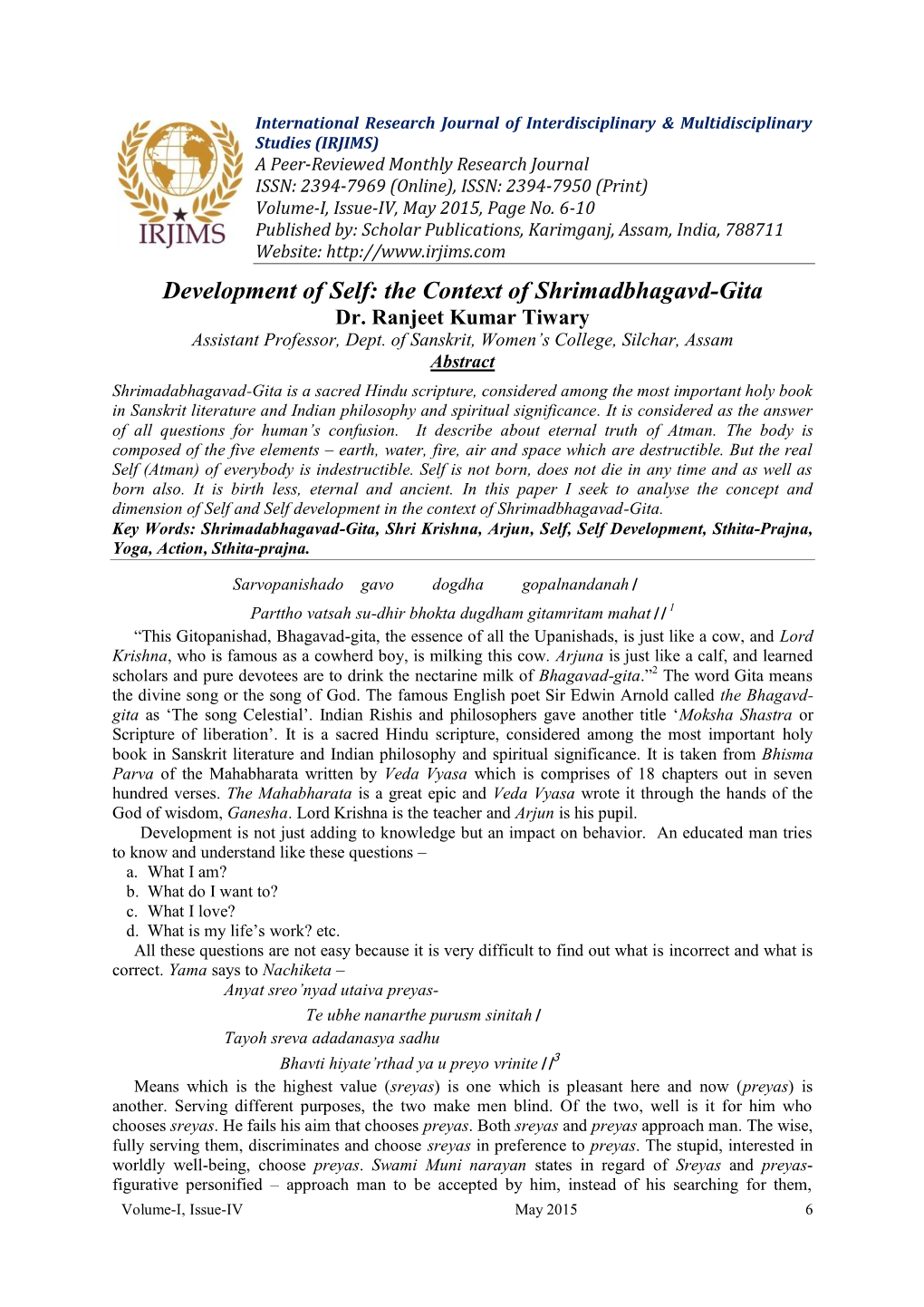 Development of Self: the Context of Shrimadbhagavd-Gita Dr
