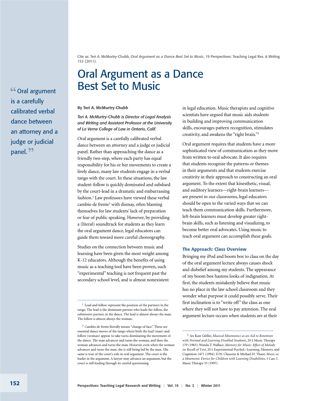 Oral Argument As a Dance Best Set to Music, 19 Perspectives: Teaching Legal Res
