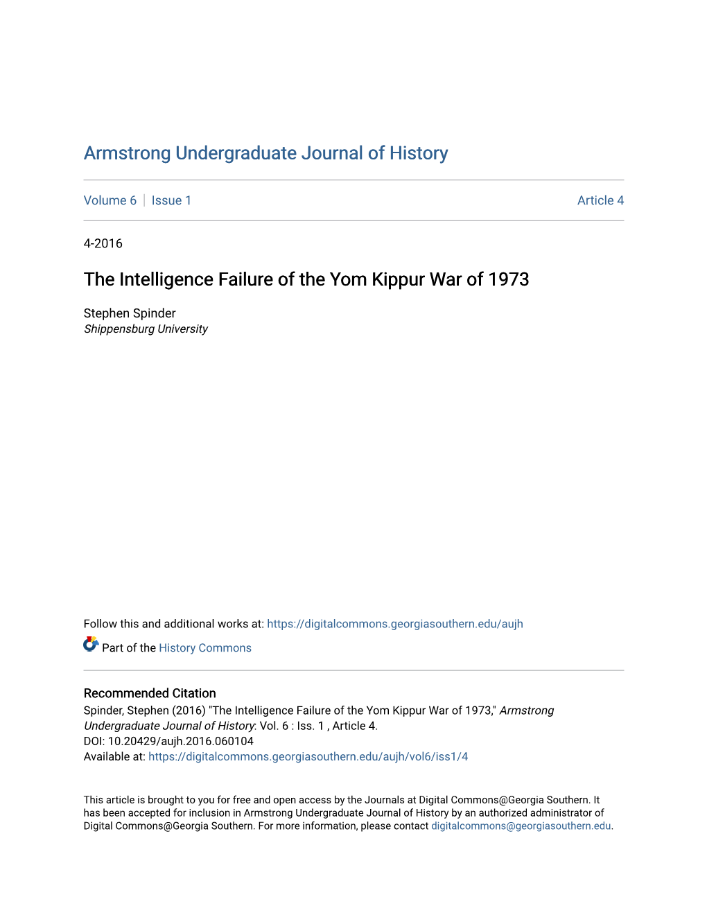 The Intelligence Failure of the Yom Kippur War of 1973