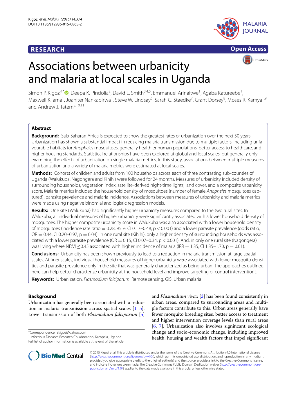 Associations Between Urbanicity and Malaria at Local Scales in Uganda Simon P