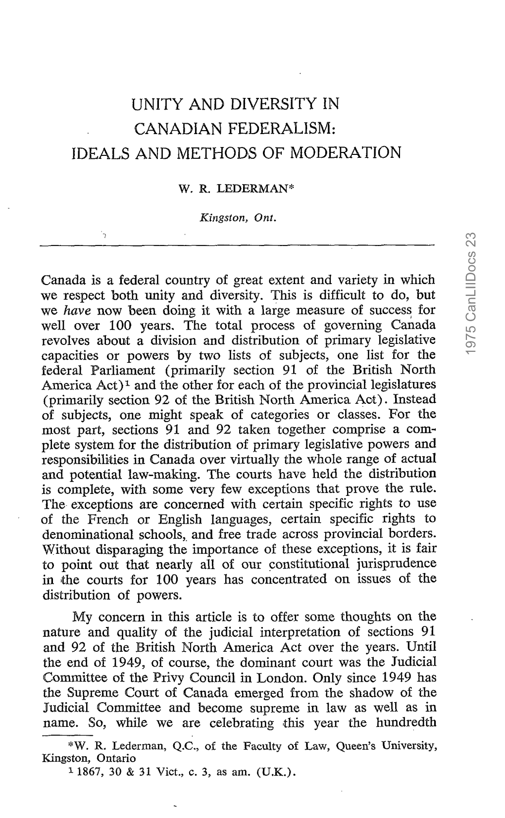 Unity and Diversity in Canadian Federalism: Ideals and Methods of Moderation