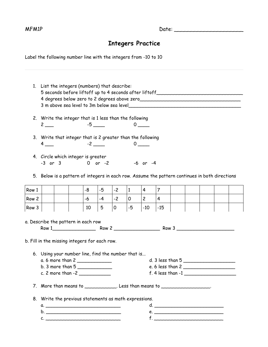 Label the Following Number Line with the Integers from -10 to 10