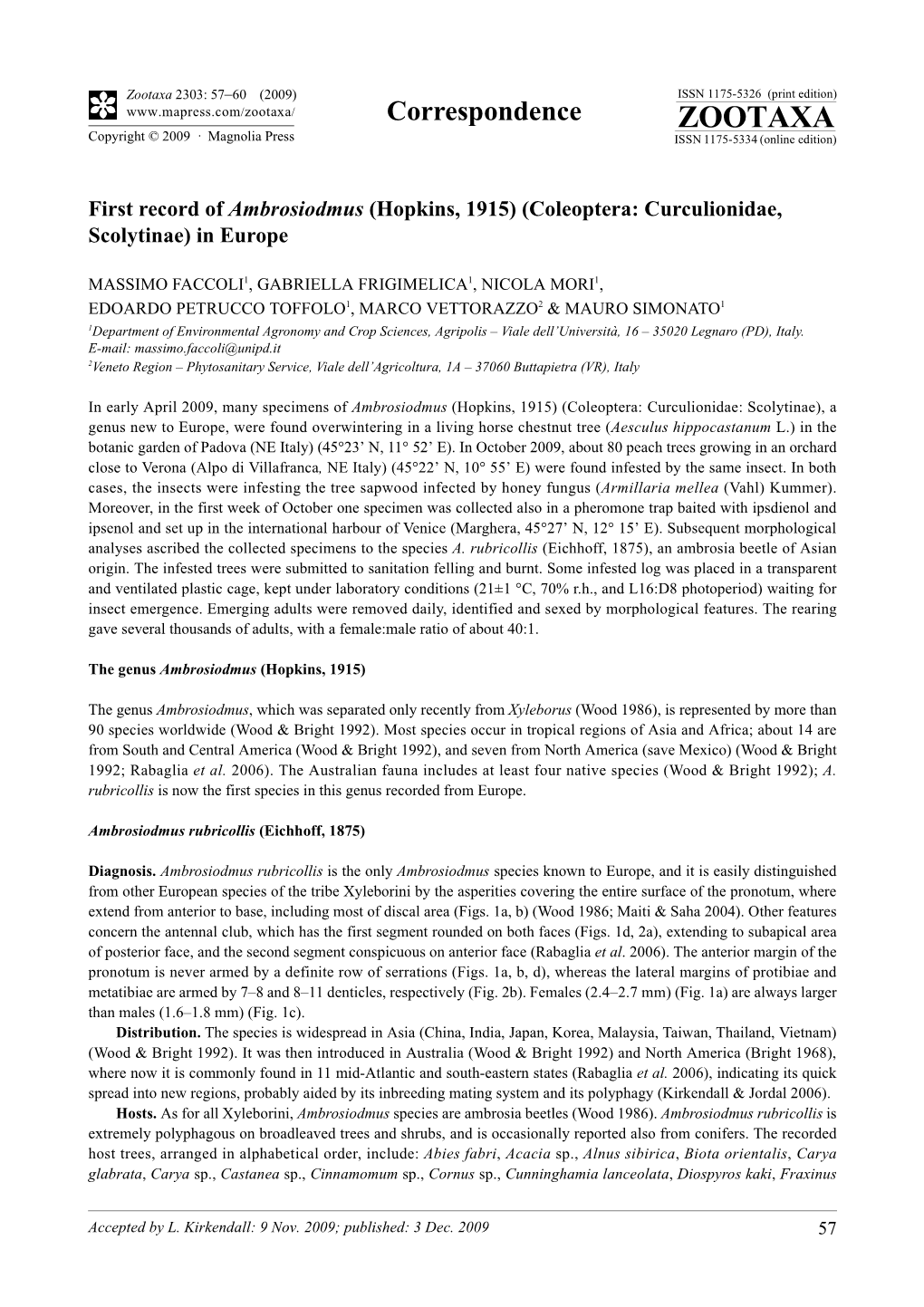 Zootaxa, First Record of Ambrosiodmus (Hopkins, 1915) (Coleoptera: Curculionidae