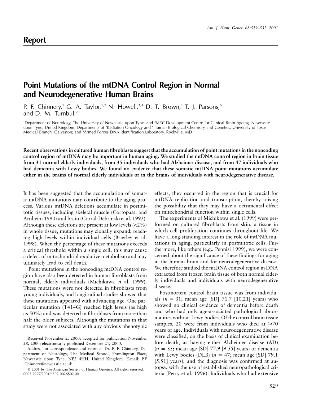 Report Point Mutations of the Mtdna Control Region in Normal And