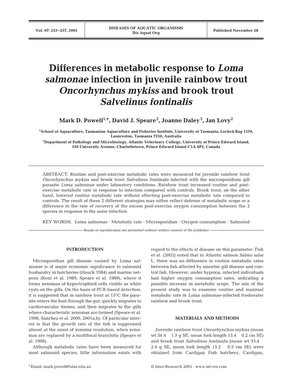 Differences in Metabolic Response to Loma Salmonae Infection in Juvenile Rainbow Trout Oncorhynchus Mykiss and Brook Trout Salvelinus Fontinalis