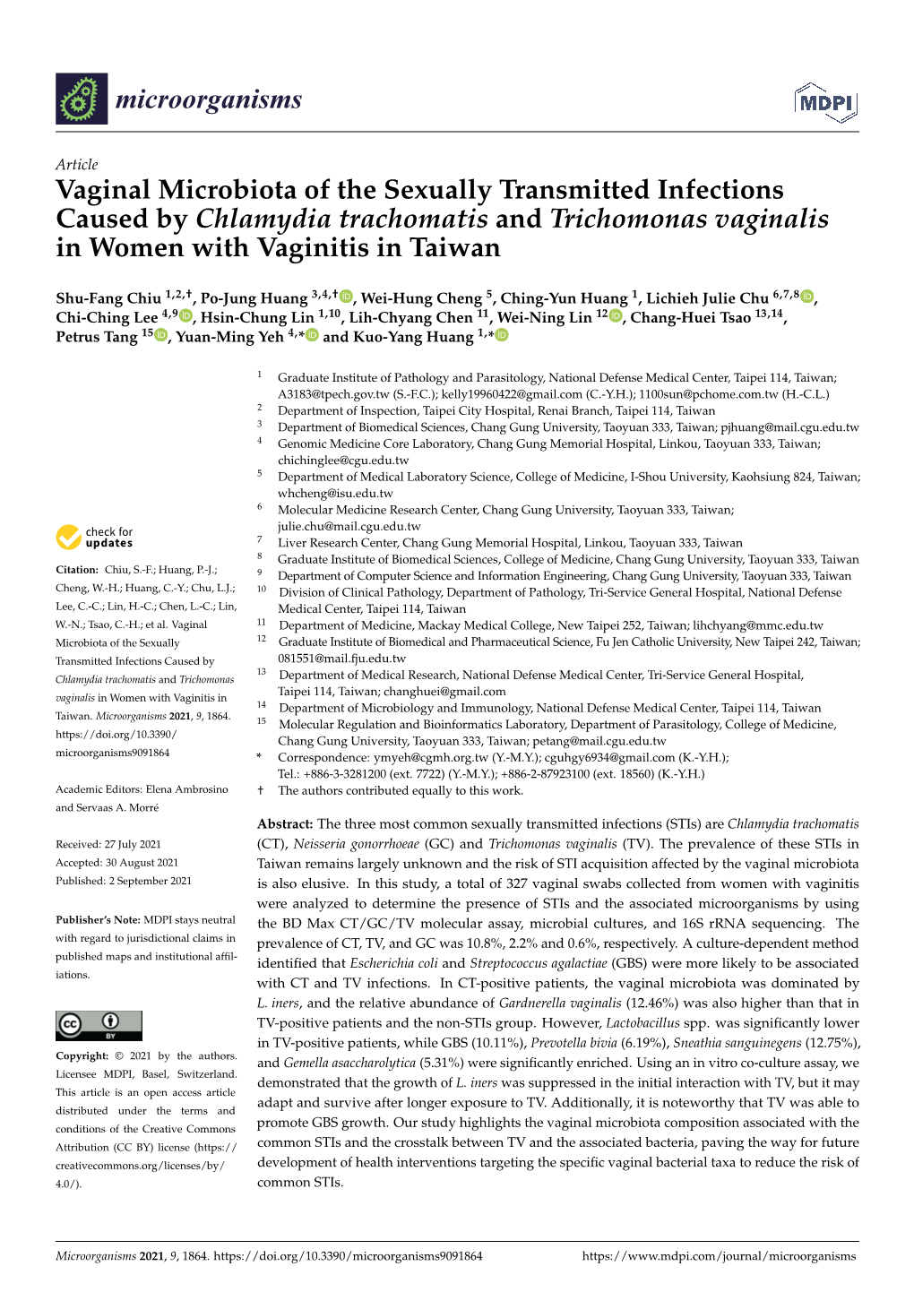 Vaginal Microbiota of the Sexually Transmitted Infections Caused by Chlamydia Trachomatis and Trichomonas Vaginalis in Women with Vaginitis in Taiwan