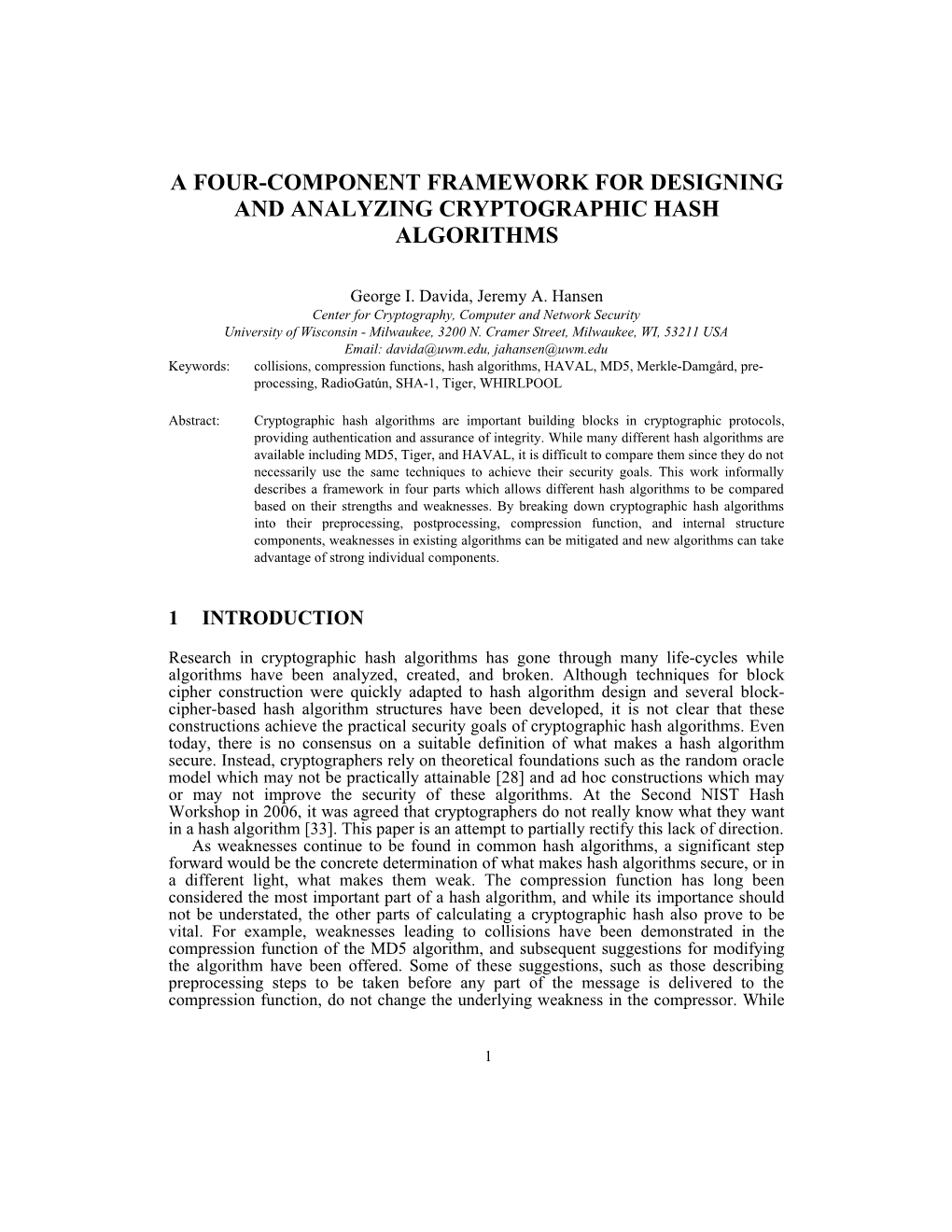 A Four-Component Framework for Designing and Analyzing Cryptographic Hash Algorithms