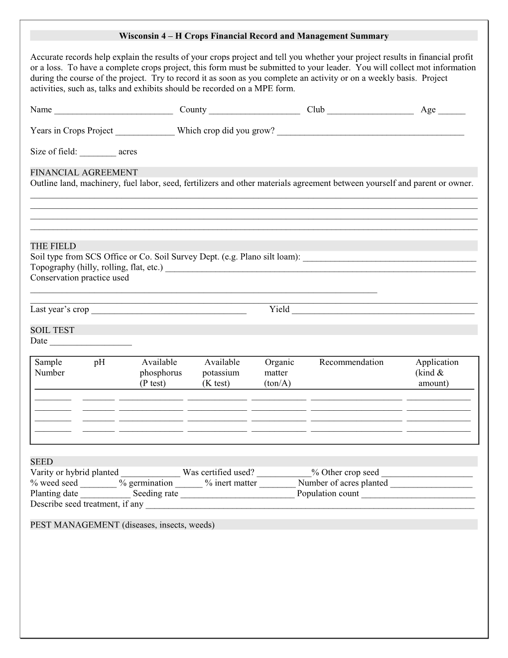 Wisconsin 4 H Crops Financial Record and Management Summary