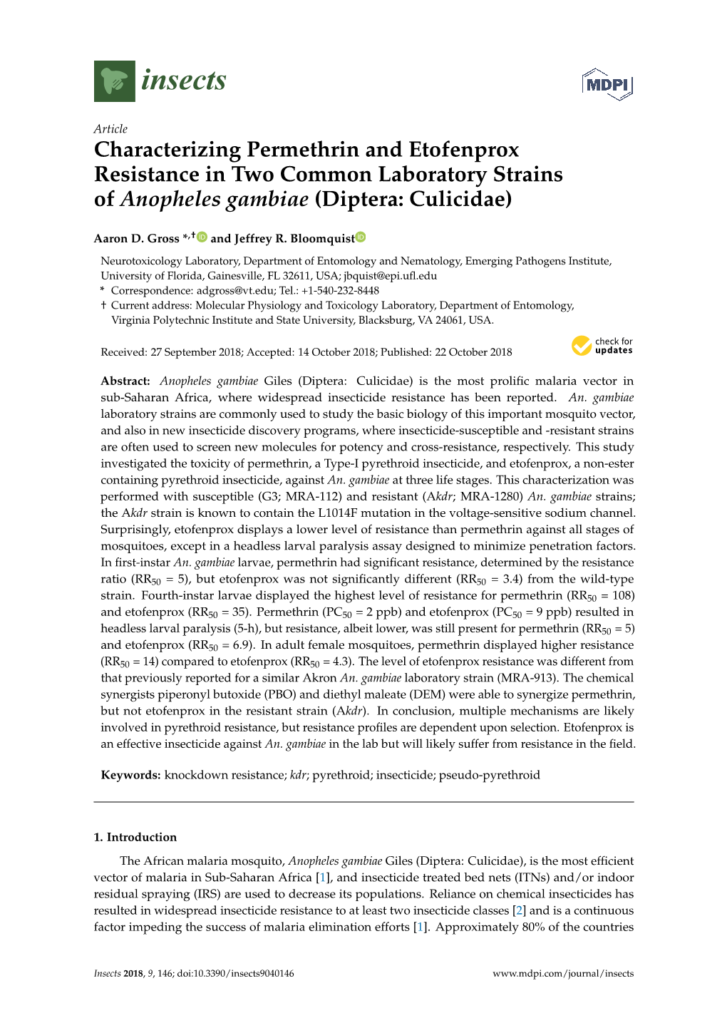 Characterizing Permethrin and Etofenprox Resistance in Two Common Laboratory Strains of Anopheles Gambiae (Diptera: Culicidae)