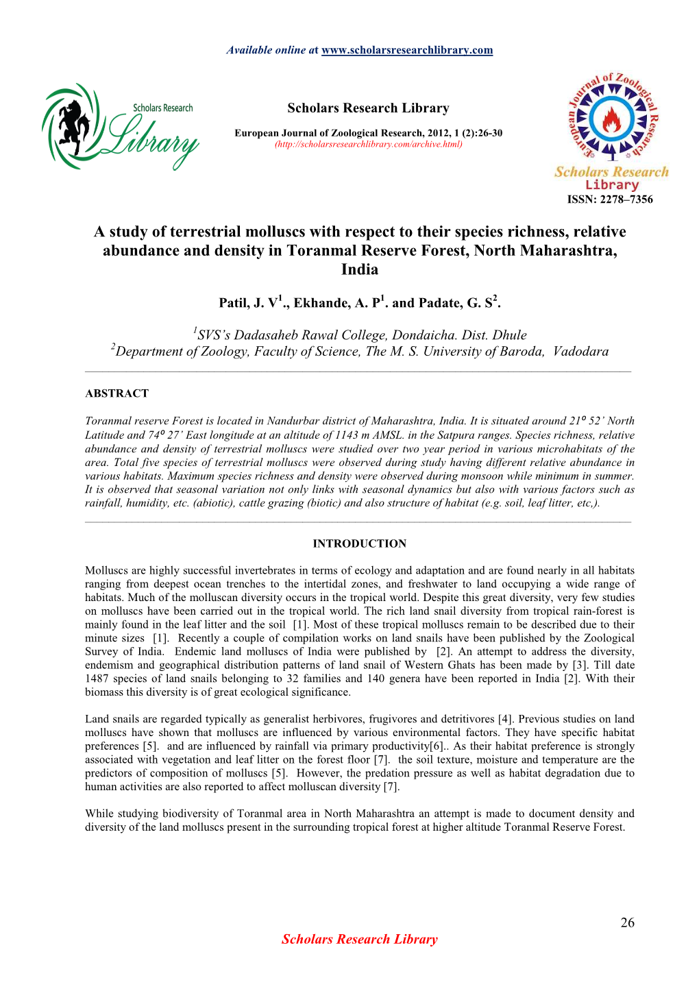 A Study of Terrestrial Molluscs with Respect to Their Species Richness, Relative Abundance and Density in Toranmal Reserve Forest, North Maharashtra, India