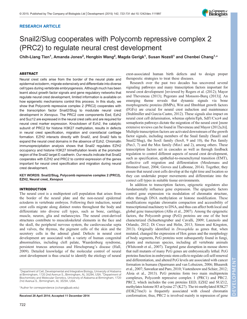Snail2/Slug Cooperates with Polycomb Repressive Complex 2 (PRC2) to Regulate Neural Crest Development