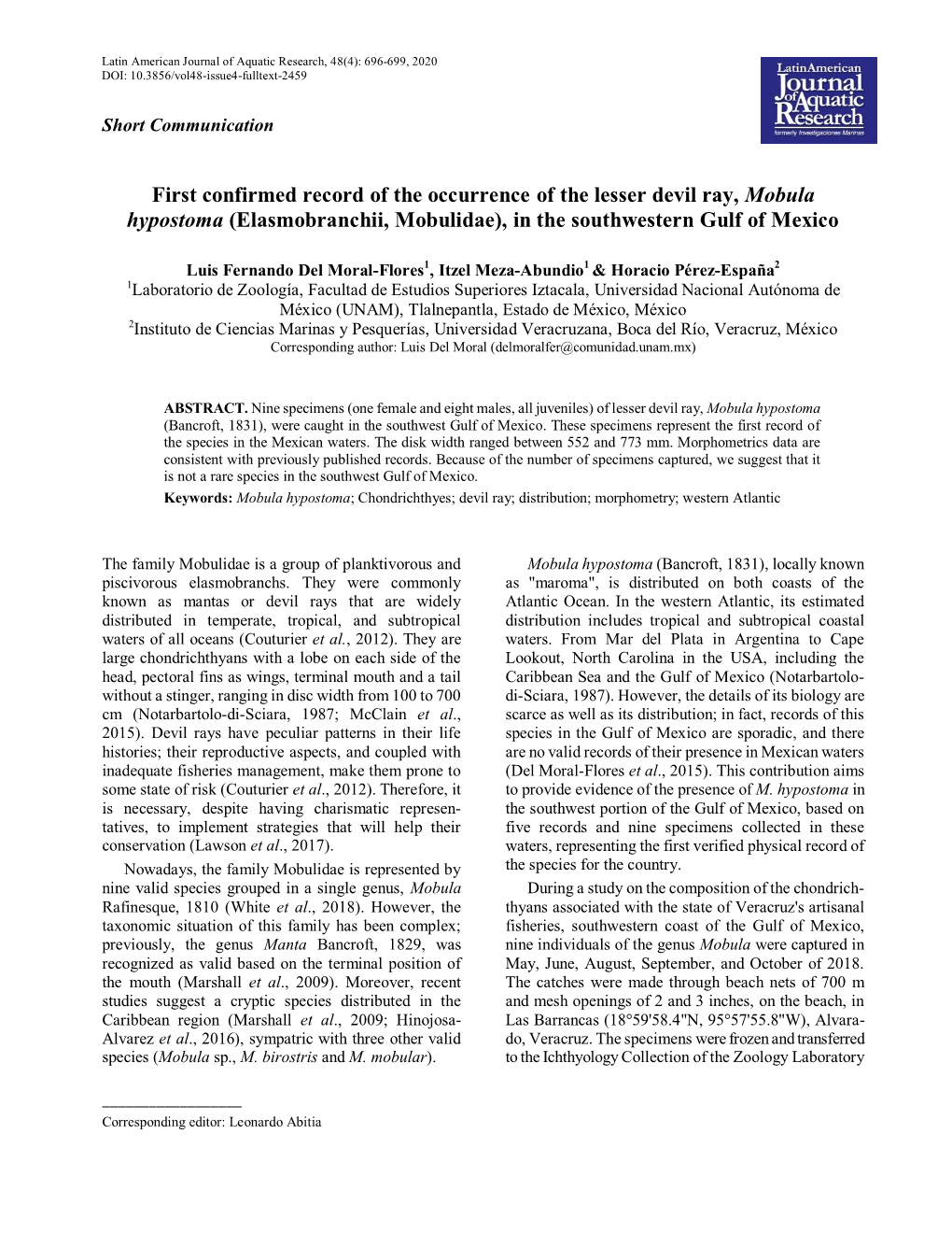 First Confirmed Record of the Occurrence of the Lesser Devil Ray, Mobula Hypostoma (Elasmobranchii, Mobulidae), in the Southwestern Gulf of Mexico