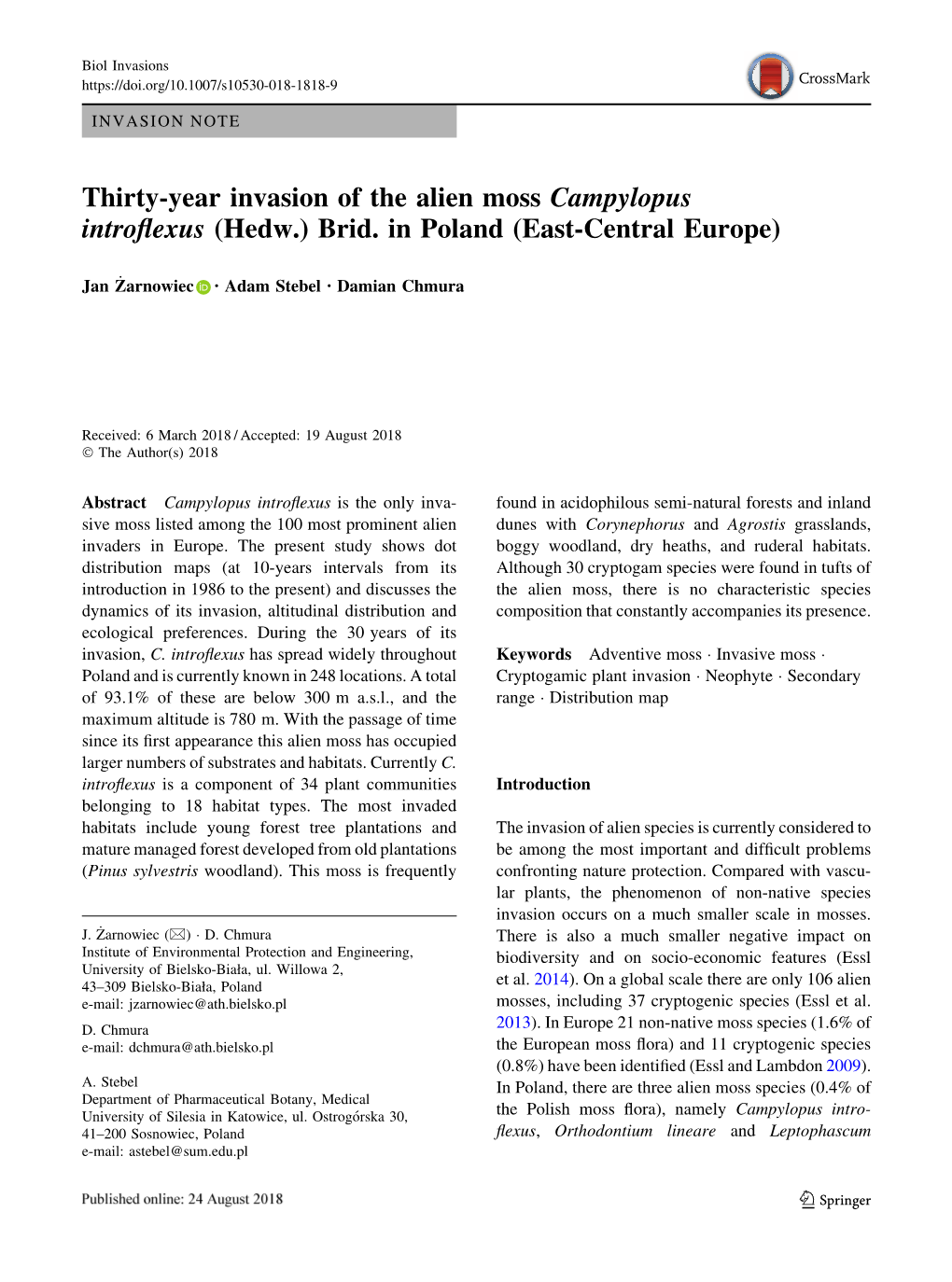 Thirty-Year Invasion of the Alien Moss Campylopus Introflexus (Hedw.)