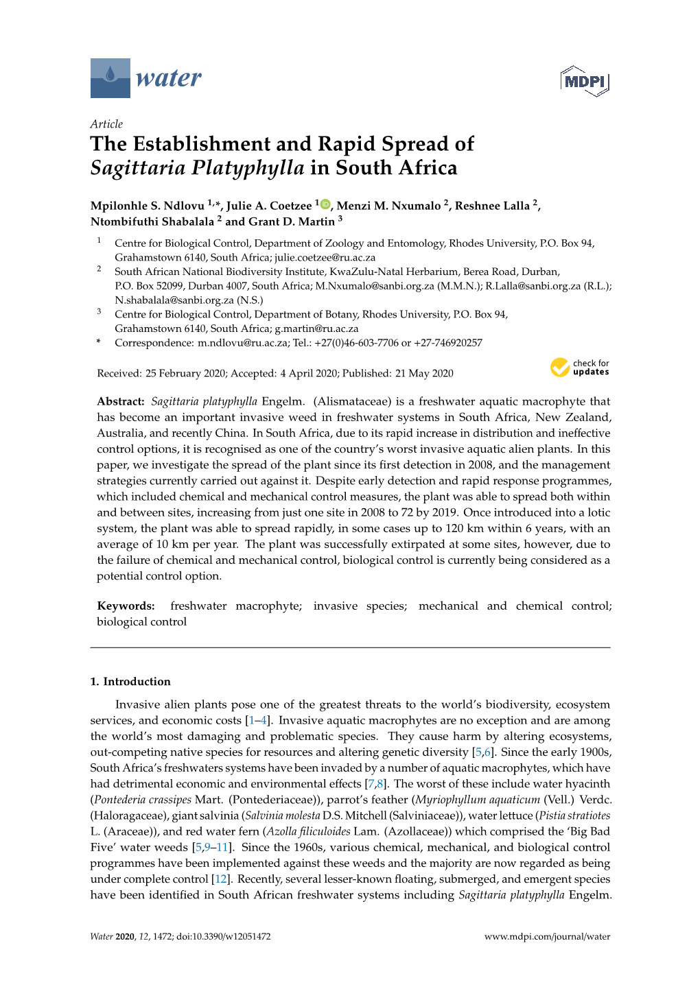 The Establishment and Rapid Spread of Sagittaria Platyphylla in South Africa