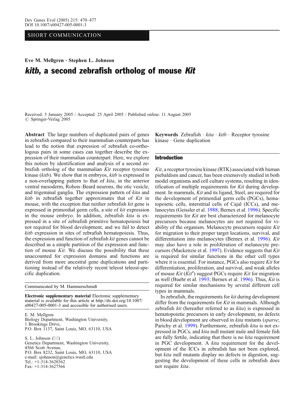 Kitb, a Second Zebrafish Ortholog of Mouse Kit