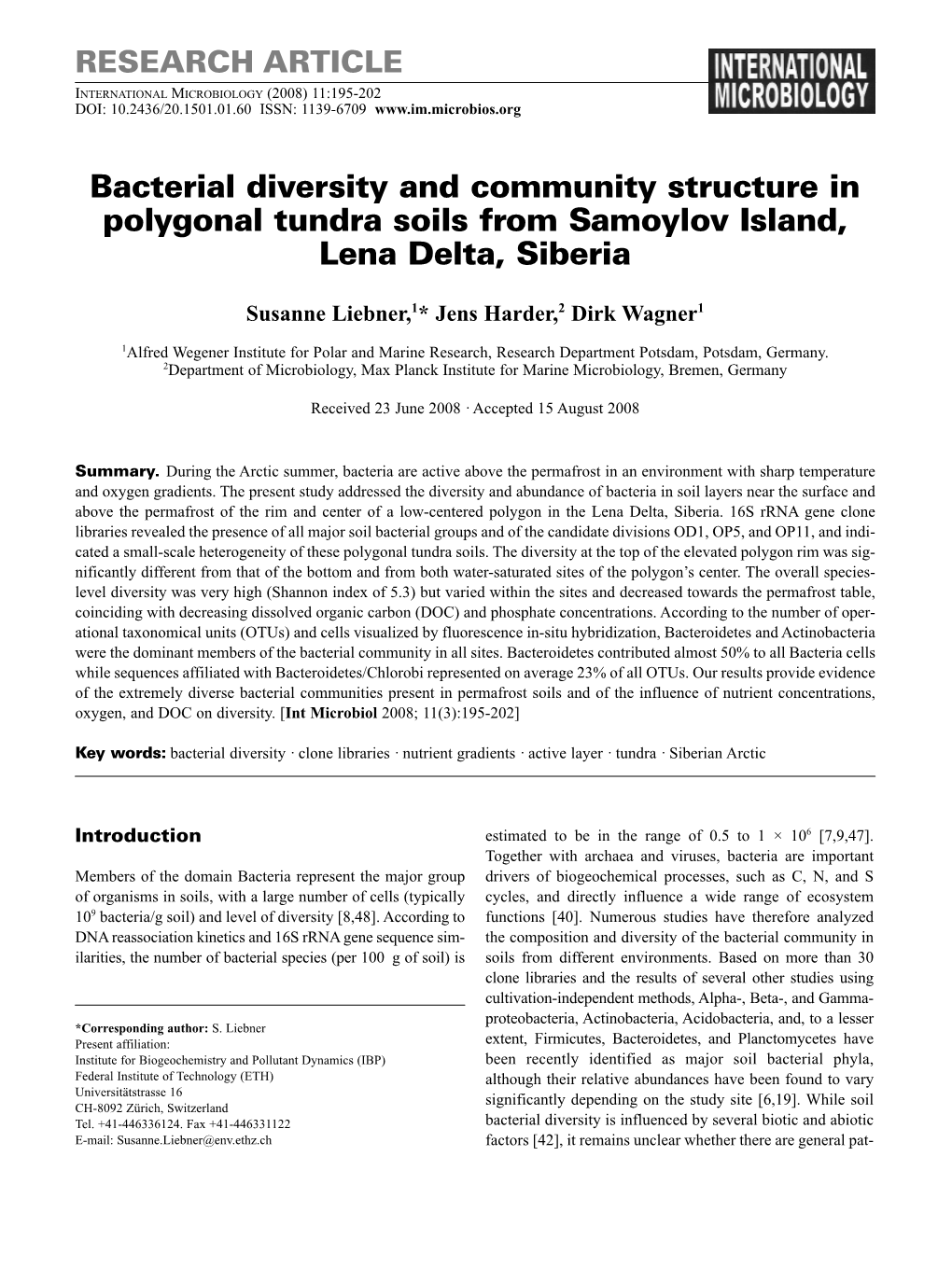 Bacterial Diversity and Community Structure in Polygonal Tundra Soils from Samoylov Island, Lena Delta, Siberia