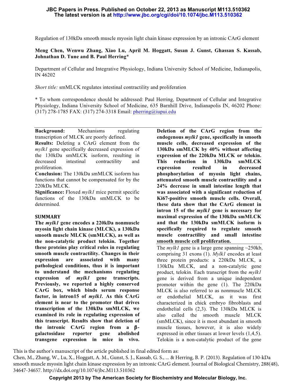 Regulation of 130Kda Smooth Muscle Myosin Light Chain Kinase Expression by an Intronic Carg Element