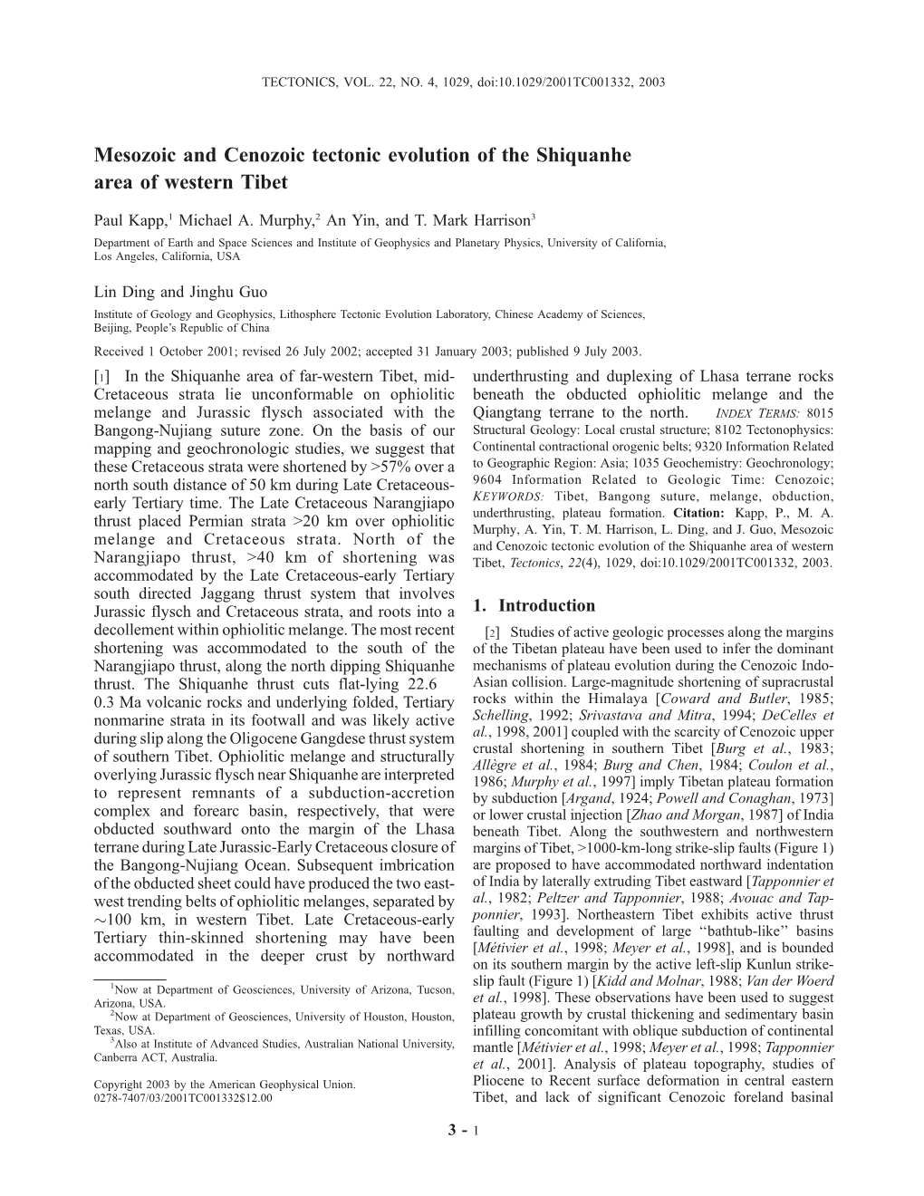 Mesozoic and Cenozoic Tectonic Evolution of the Shiquanhe Area of Western Tibet