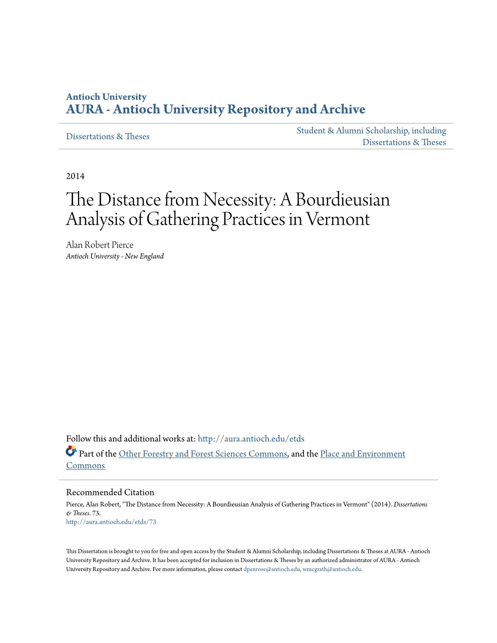 The Distance from Necessity: a Bourdieusian Analysis of Gathering Practices in Vermont Alan Robert Pierce Antioch University - New England