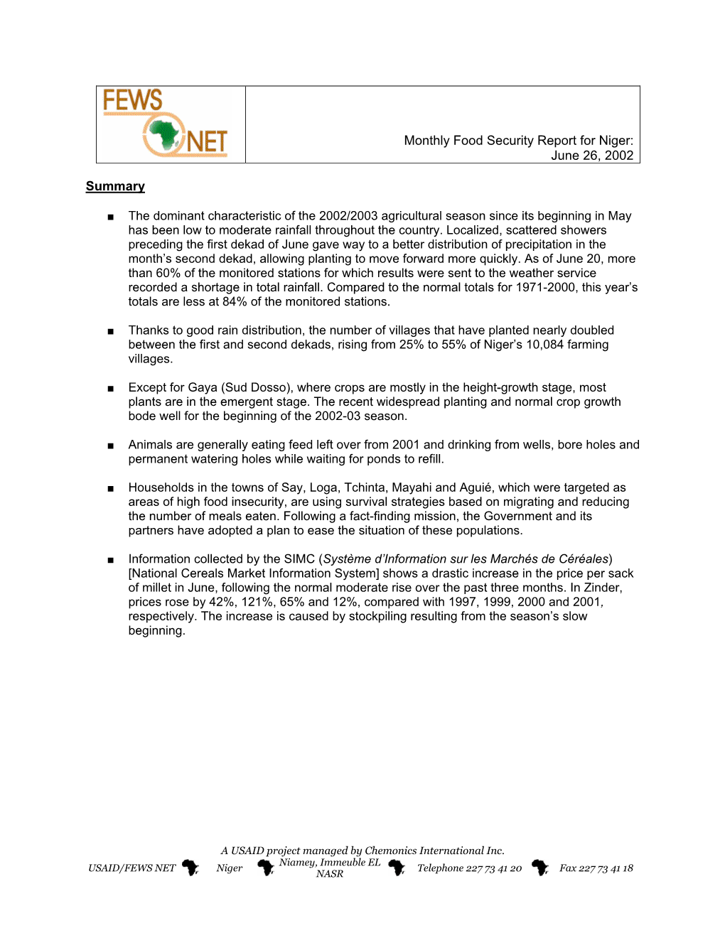 Monthly Food Security Report for Niger: June 26, 2002 Summary