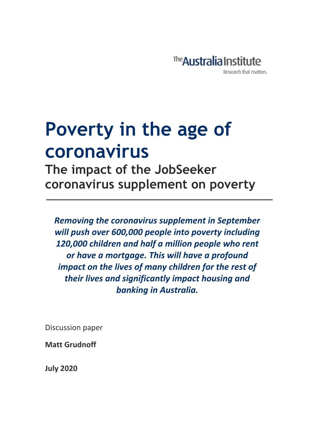 Poverty in the Age of Coronavirus the Impact of the Jobseeker Coronavirus Supplement on Poverty