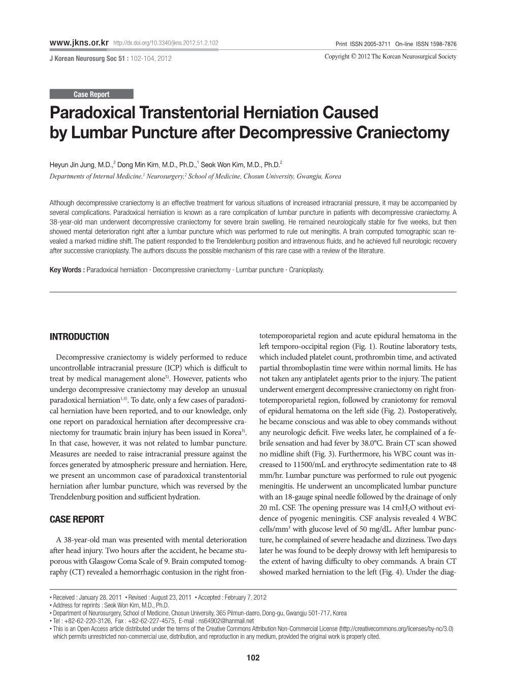 Paradoxical Transtentorial Herniation Caused by Lumbar Puncture After Decompressive Craniectomy