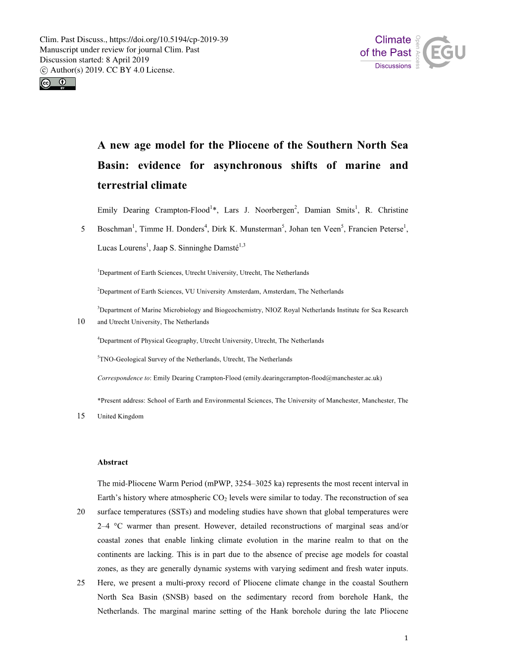 A New Age Model for the Pliocene of the Southern North Sea Basin: Evidence for Asynchronous Shifts of Marine and Terrestrial Climate