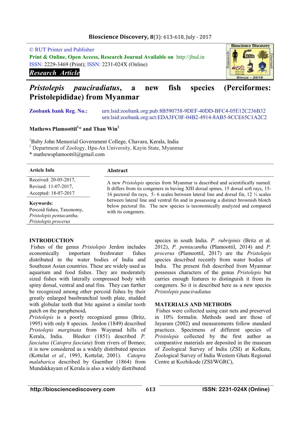 Pristolepis Pauciradiatus, a New Fish Species (Perciformes: Pristolepididae) from Myanmar