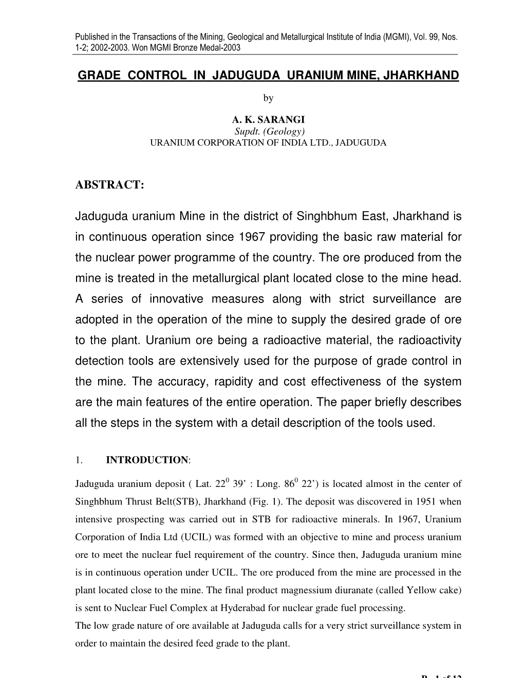 Grade Control in Jaduguda Uranium Mine, Jharkhand