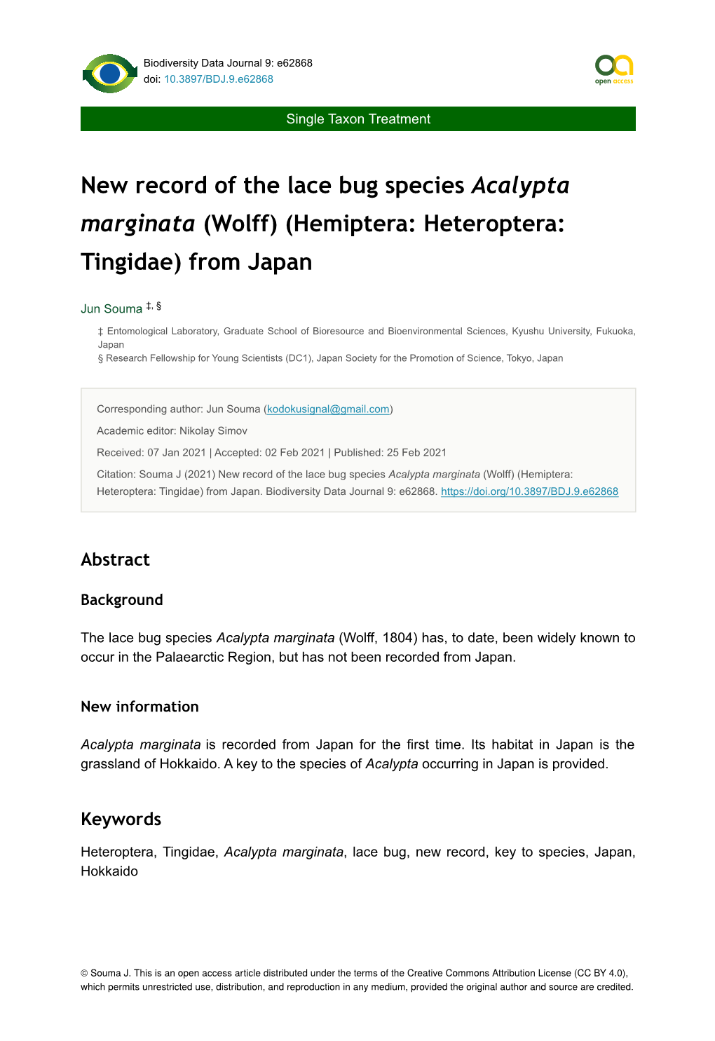 New Record of the Lace Bug Species Acalypta Marginata (Wolff) (Hemiptera: Heteroptera: Tingidae) from Japan
