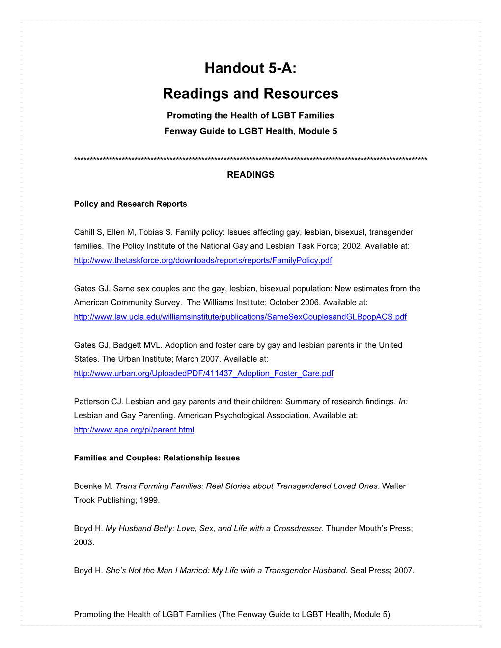 Handout 5-A: Readings and Resources