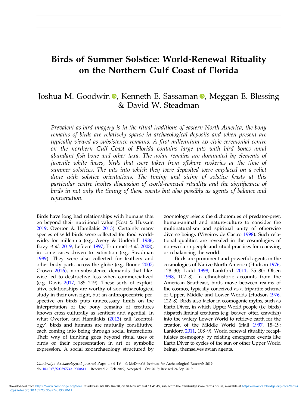 Birds of Summer Solstice: World-Renewal Rituality on the Northern Gulf Coast of Florida