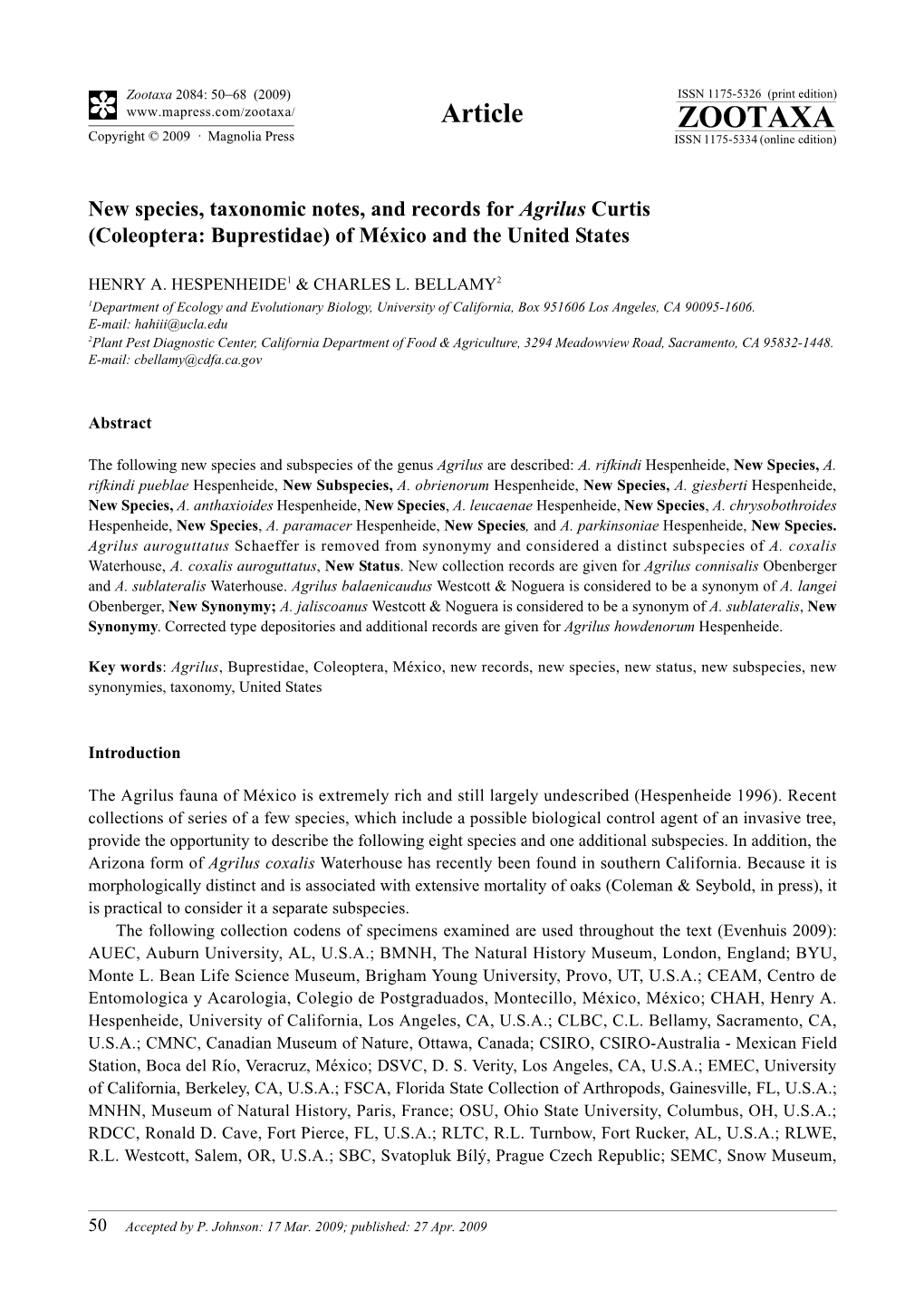 Zootaxa, New Species, Taxonomic Notes, and Records for Agrilus Curtis