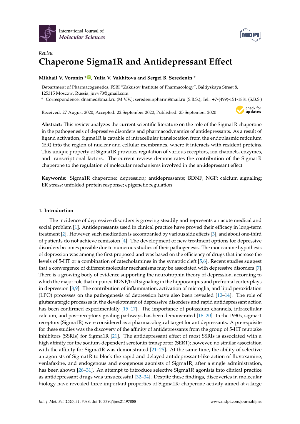 Chaperone Sigma1r and Antidepressant Effect