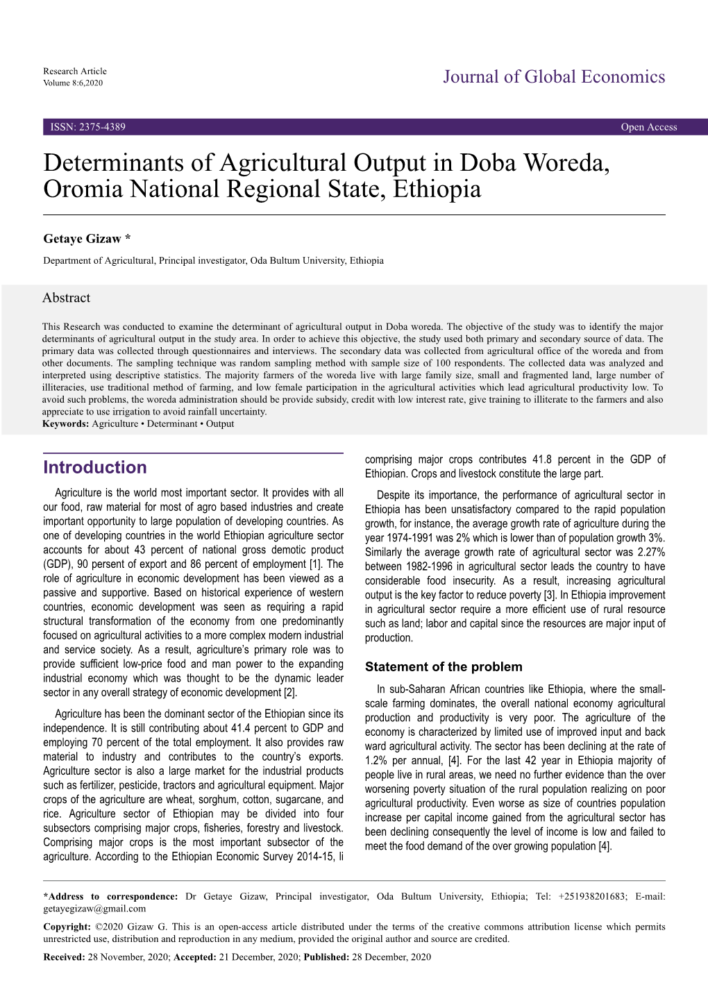 Determinants of Agricultural Output in Doba Woreda, Oromia National Regional State, Ethiopia