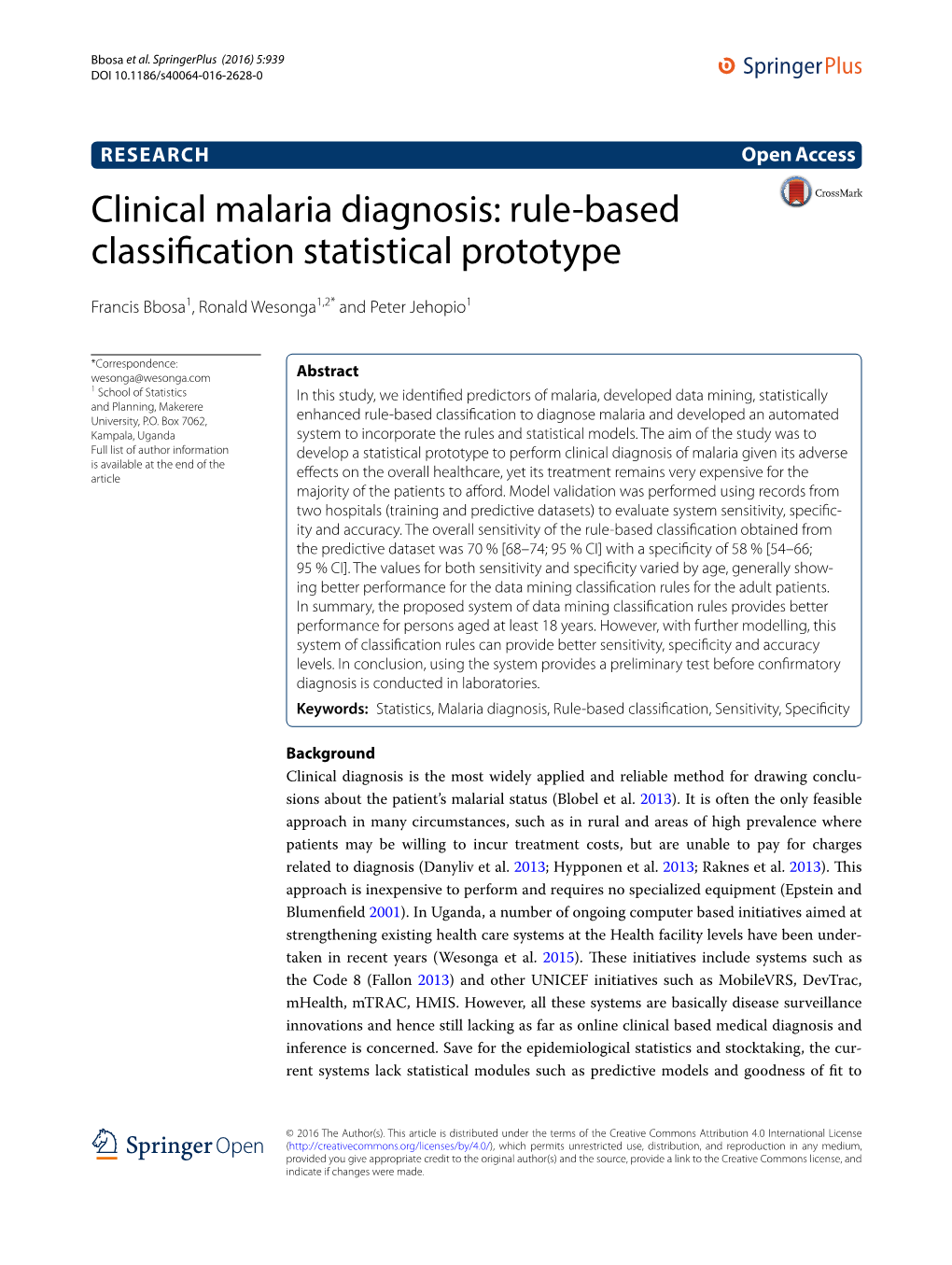 Clinical Malaria Diagnosis: Rule-Based Classification Statistical Prototype