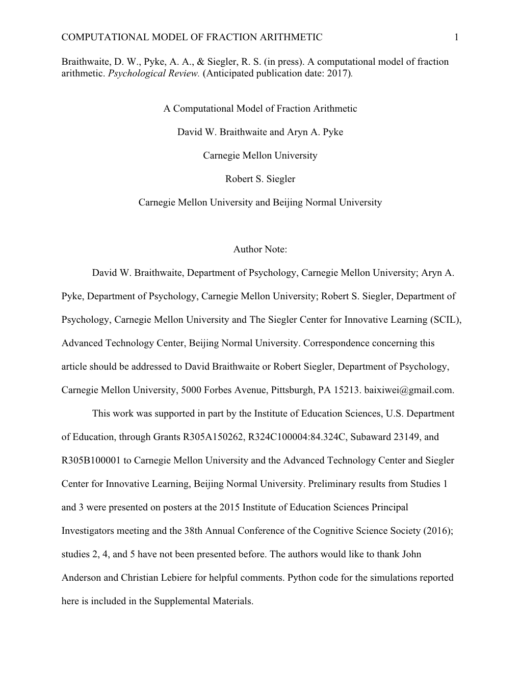 A Computational Model of Fraction Arithmetic