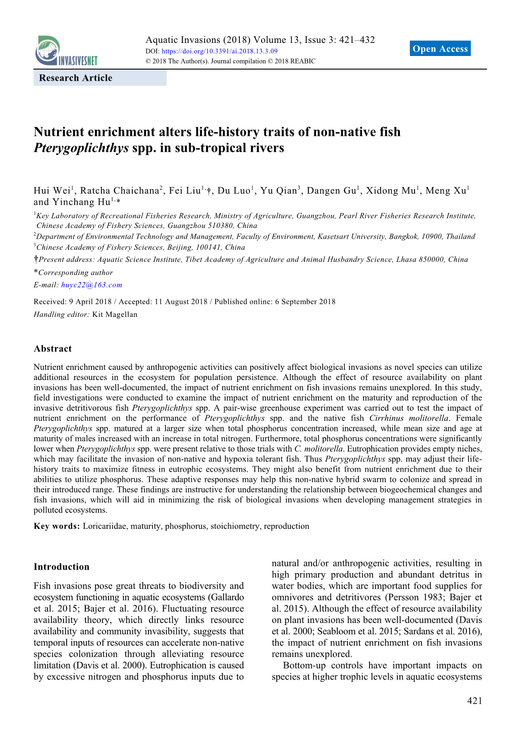 Nutrient Enrichment Alters Life-History Traits of Non-Native Fish Pterygoplichthys Spp