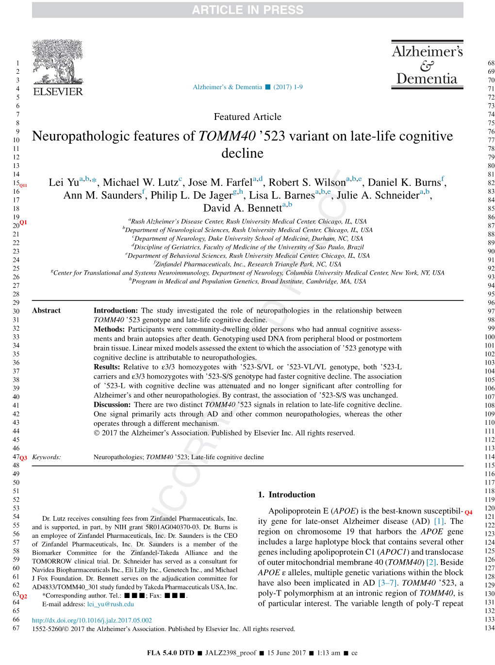 Neuropathologic Features of TOMM40 '523 Variant on Late-Life Cognitive