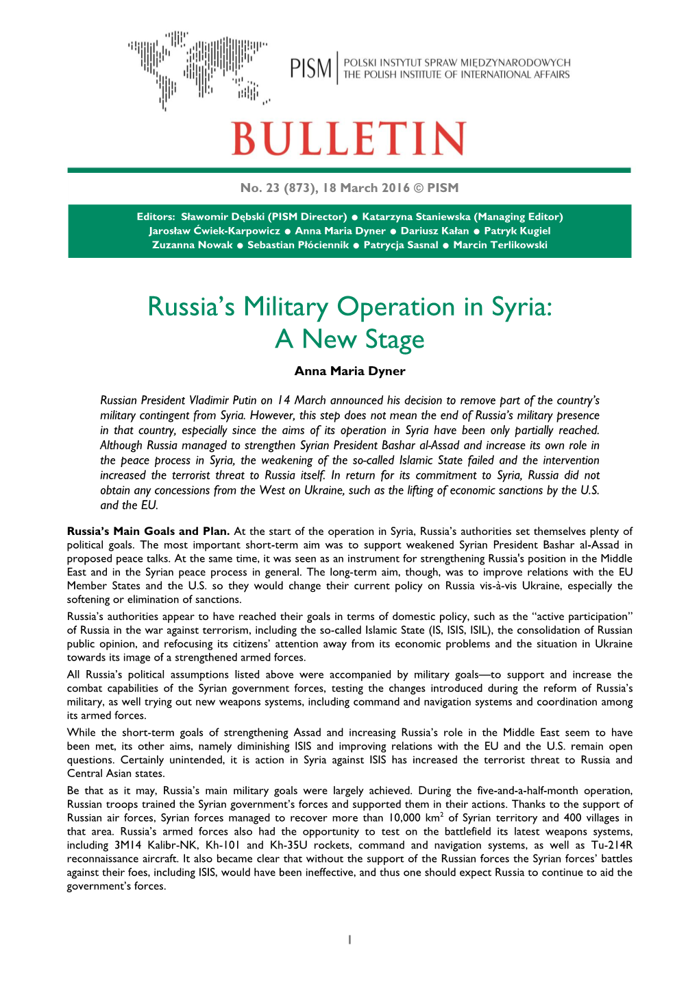 Russia's Military Operation in Syria: a New Stage