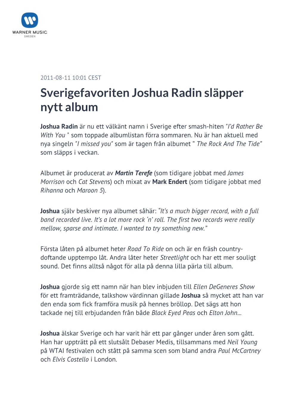 Sverigefavoriten Joshua Radin Släpper Nytt Album