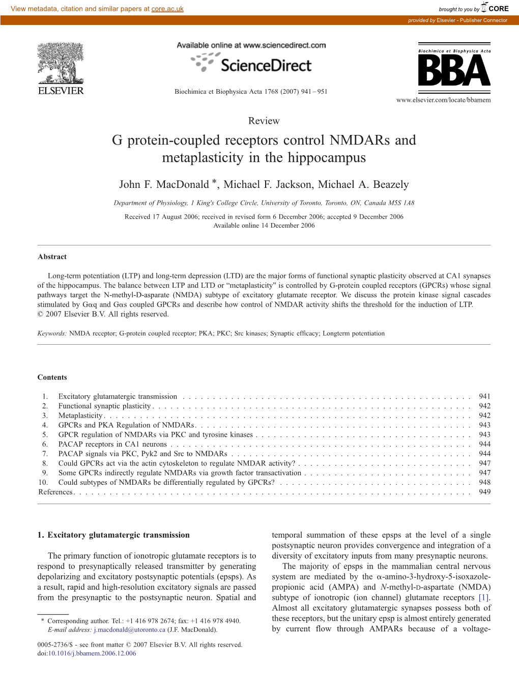 G Protein-Coupled Receptors Control Nmdars and Metaplasticity in the Hippocampus ⁎ John F